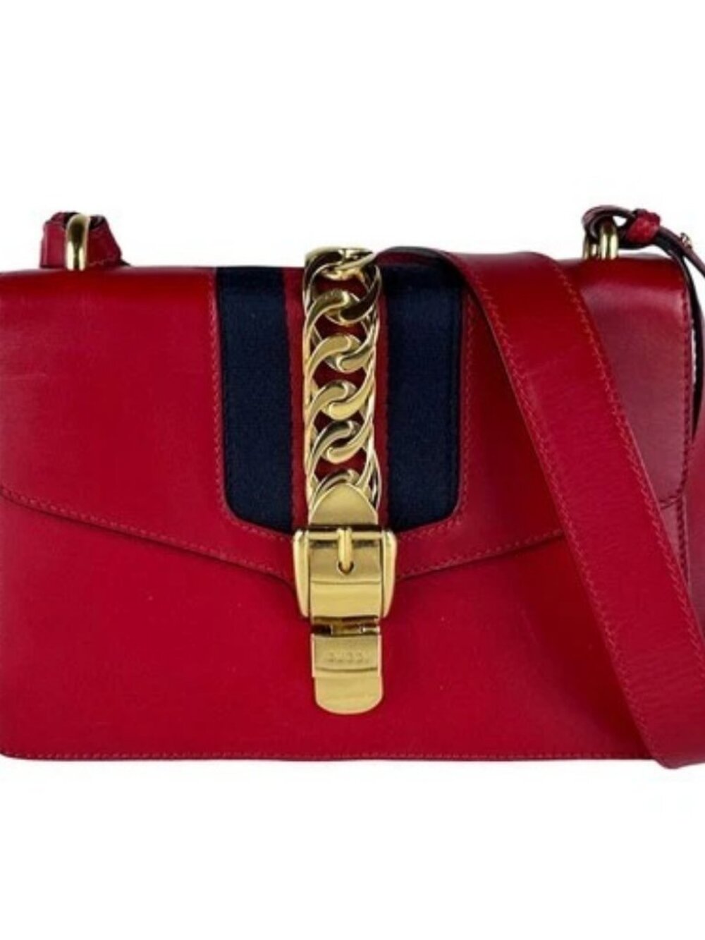 Auth GUCCI Sylvie Shoulder Bag Red/Gold Leather/Metal - z10716